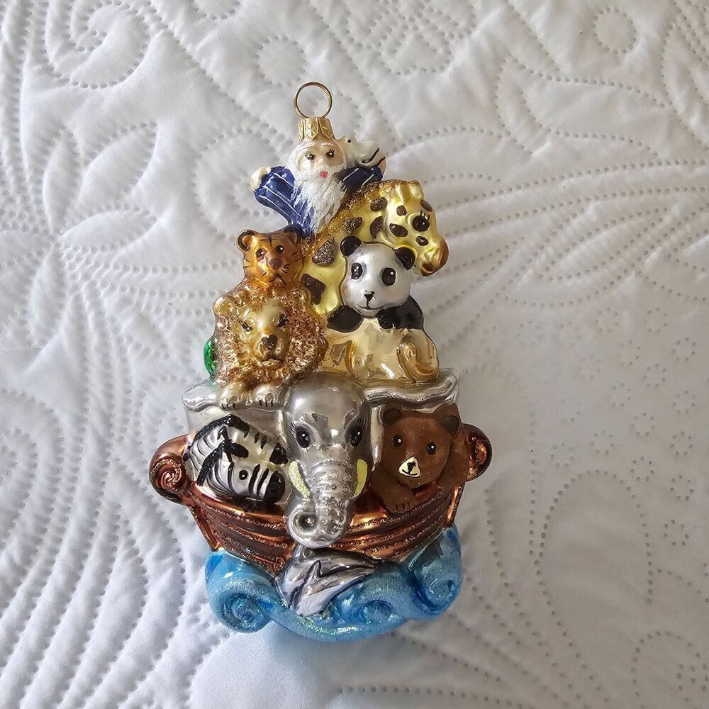 Kurt Adler's Noahs Ark Ornament With Noah, Animals, the Ark & Waves, Blown Glass